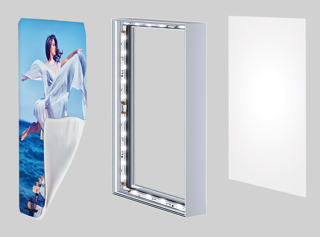 Для освещения баннера светодиоды устанавливаются на внутреннюю часть задней панели и подключаются через блок питания к электросети. Работа подсветки тестируется во время монтажа. Яркостью управляют с помощью диммеров.